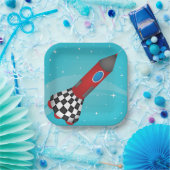 Retro Red Rocket Ship in Space Galactic ペーパープレート (パーティー)