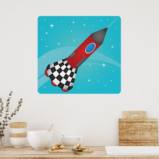 Retro Red Rocket Ship in Space Galactic ポスター (キッチン)