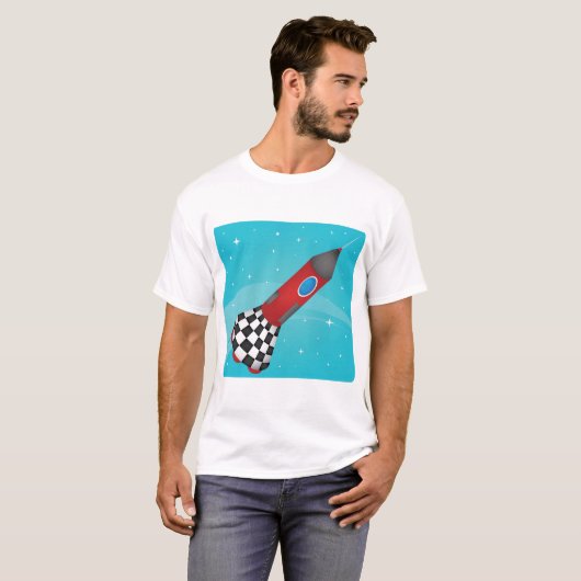 Retro Red Rocket Ship in Space Galactic Tシャツ (正面フル)