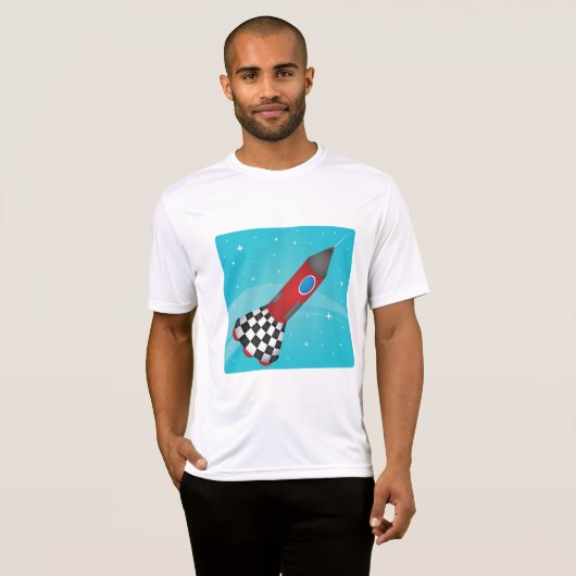 Retro Red Rocket Ship in Space Galactic Tシャツ (正面フル)