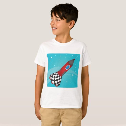 Retro Red Rocket Ship in Space Galactic Tシャツ (正面フル)