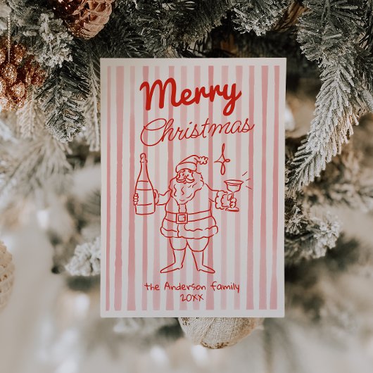 Retro Red Santa Champagne Christmas Non Photo シーズンカード