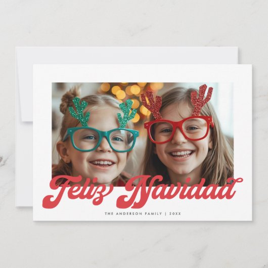Retro Red Script Feliz Navidad One Photo シーズンカード (正面)