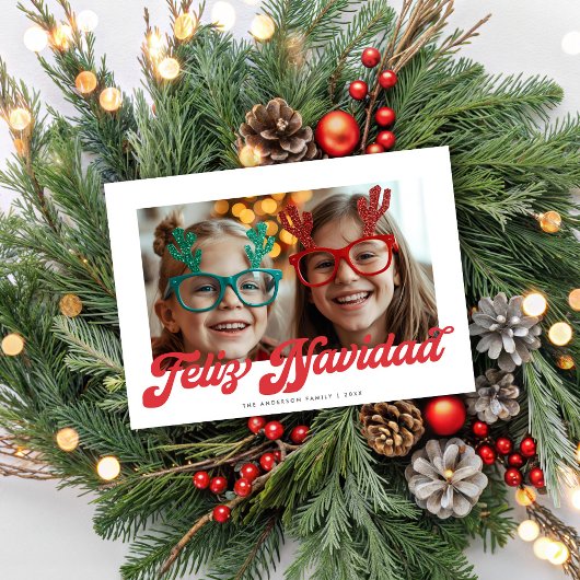 Retro Red Script Feliz Navidad One Photo シーズンカード