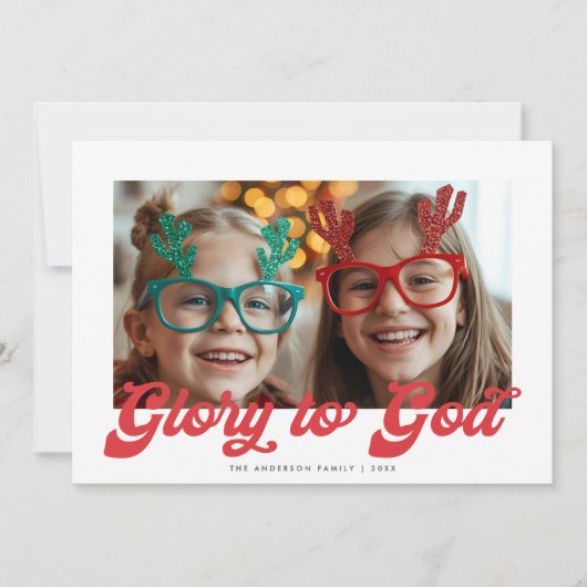 Retro Red Script Glory To God One Photo Christmas  シーズンカード (正面)