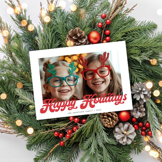 Retro Red Script Happy Holidays One Photo シーズンカード
