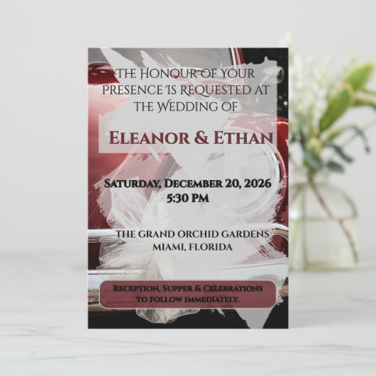 Retro Red VW Beetle Car White Bow Wedding Invitati 招待状 (スタンド正面)