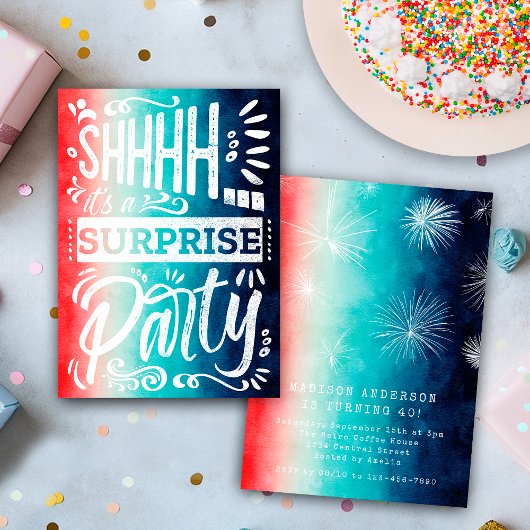 Retro Red White Blue Shh Surprise Birthday Party 招待状