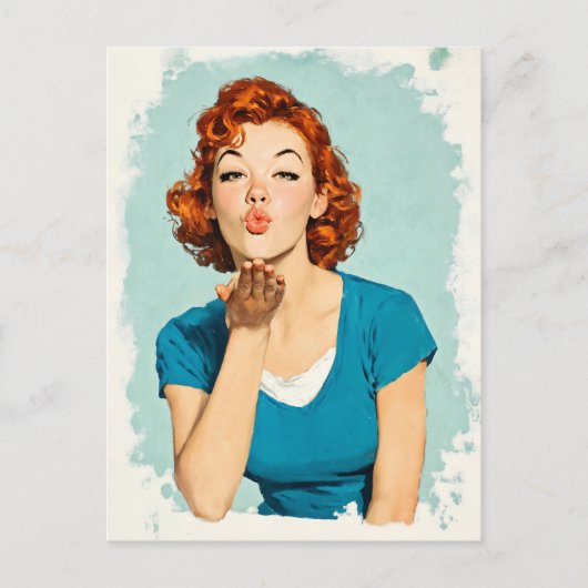 Retro Redhead Sending Sweet Kiss ポストカード (正面)