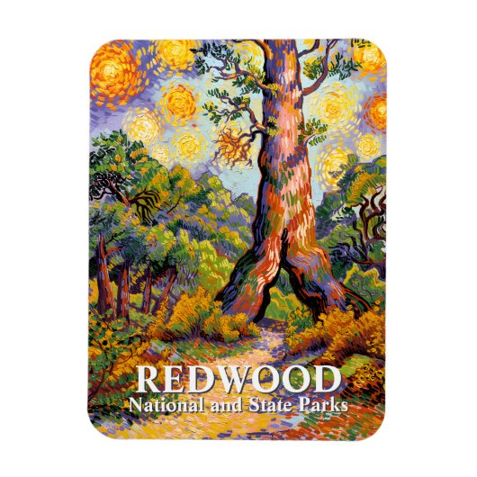 Retro Redwood National Park Vibrant Van Gogh Style マグネット (縦)
