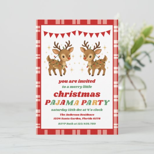 Retro Reindeer Pajama Christmas Party Editable 招待状 (スタンド正面)