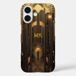 Retro Roaring 20's Art Deco Black Gold Monogram iPhone 16ケース