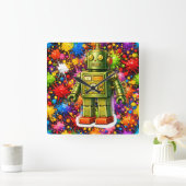 Retro robot colour burst square wall スクエア壁時計 (ホーム)