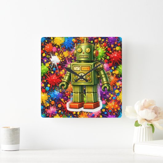 Retro robot colour burst square wall スクエア壁時計 (ホーム)