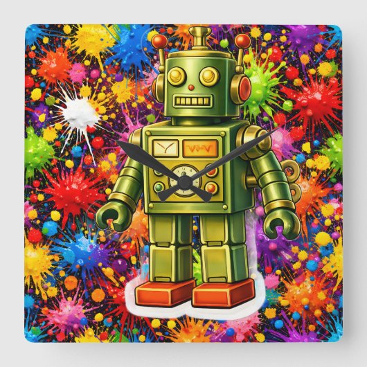 Retro robot colour burst square wall スクエア壁時計 (正面)