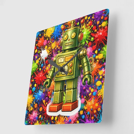 Retro robot colour burst square wall スクエア壁時計 (傾斜)
