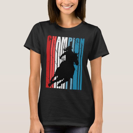 Retro Rodeo Champion Cowgirl on Horse Riding Patri Tシャツ (正面)