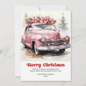 Retro rustic Christmas scene pink car greeting シーズンカード (正面)