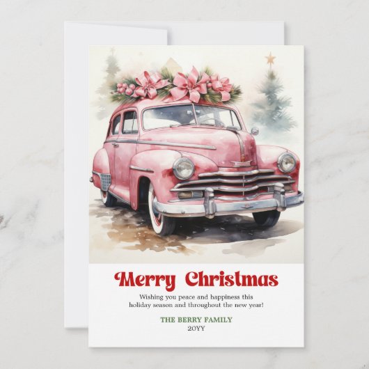 Retro rustic Christmas scene pink car greeting シーズンカード (正面)