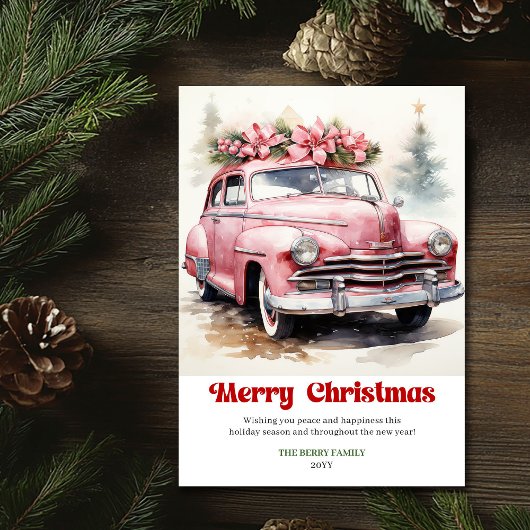 Retro rustic Christmas scene pink car greeting シーズンカード