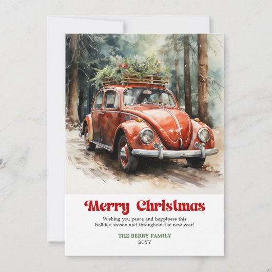 Retro rustic Christmas scene red car greeting シーズンカード (正面)