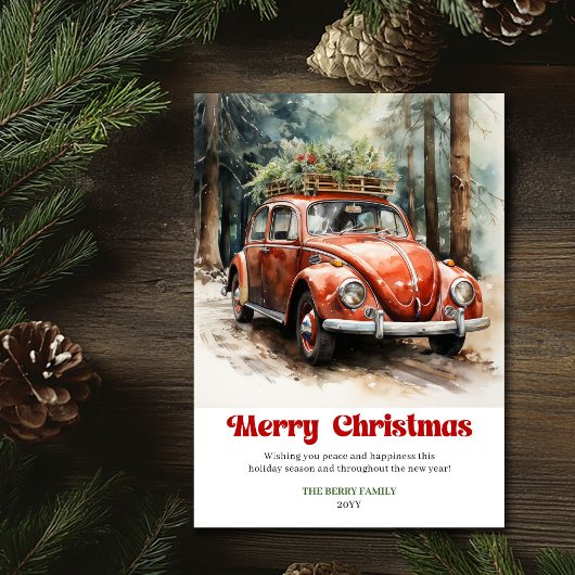 Retro rustic Christmas scene red car greeting シーズンカード