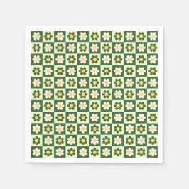Retro Sage Green and Cream Daisy Checkerboard  スタンダードカクテルナプキン