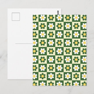 Retro Sage Green and Cream Daisy Checkerboard  ポストカード