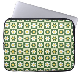 Retro Sage Green and Cream Daisy Checkerboard  ラップトップスリーブ