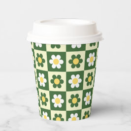 Retro Sage Green and Cream Daisy Checkerboard  紙コップ