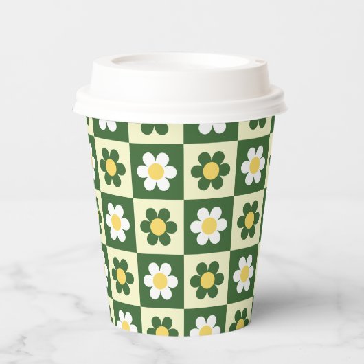 Retro Sage Green and Cream Daisy Checkerboard  紙コップ (正面)