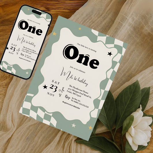 Retro Sage Green Checkered Groovy One 1st Birthday 招待状