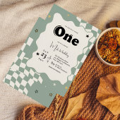 Retro Sage Green Checkered Groovy One 1st Birthday 招待状