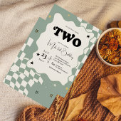 Retro Sage Green Checkered Groovy Two 2nd Birthday 招待状