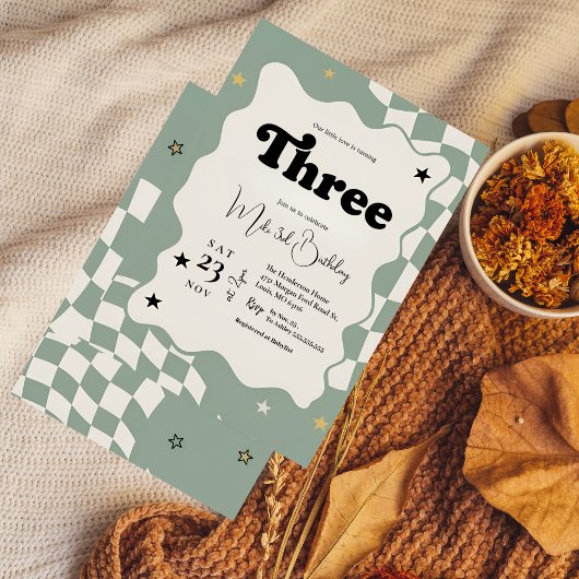 Retro Sage Green Checkered Young Wild 3rd Birthday 招待状