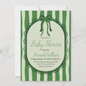 Retro Sage Green Stripes Bow Baby Shower 招待状 (正面)