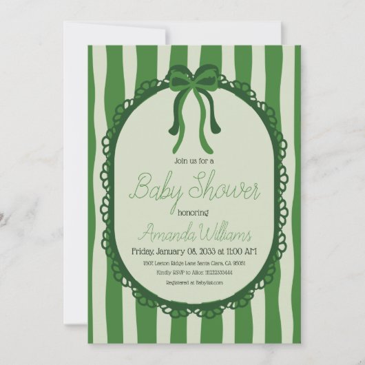 Retro Sage Green Stripes Bow Baby Shower 招待状 (正面)
