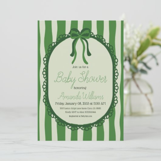 Retro Sage Green Stripes Bow Baby Shower 招待状 (スタンド正面)