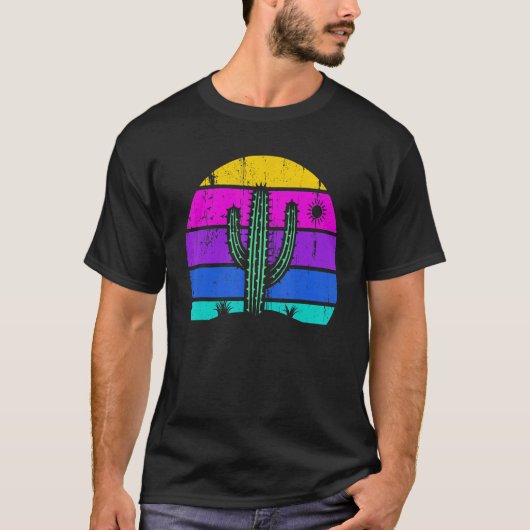 Retro Saguaro Cactus Cactus Sunset Opuntia Cactace Tシャツ (正面)