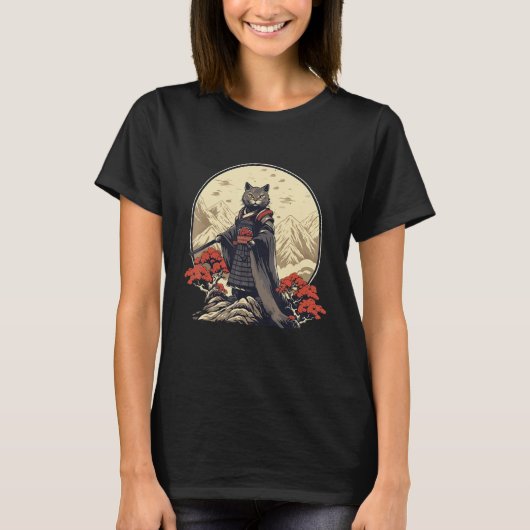 Retro Samurai Cat  Japanese Inspired Cat Tシャツ (正面)
