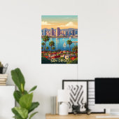 Retro San Diego California Coastal Skyline  ポスター (ホームオフィス)