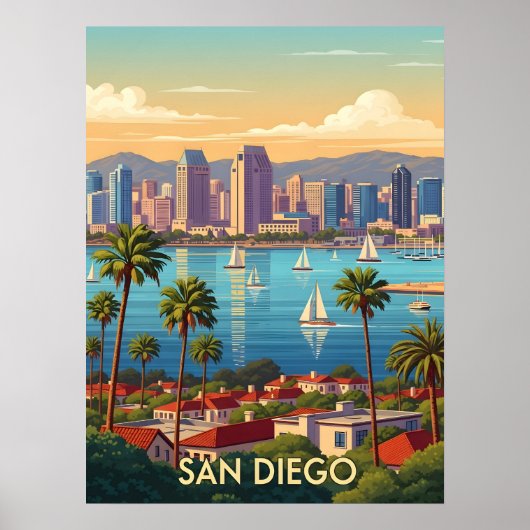 Retro San Diego California Coastal Skyline  ポスター (正面)