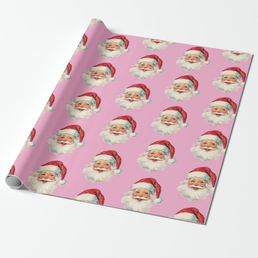 Retro Santa Face Christmas Pink ラッピングペーパー (アンロールド)