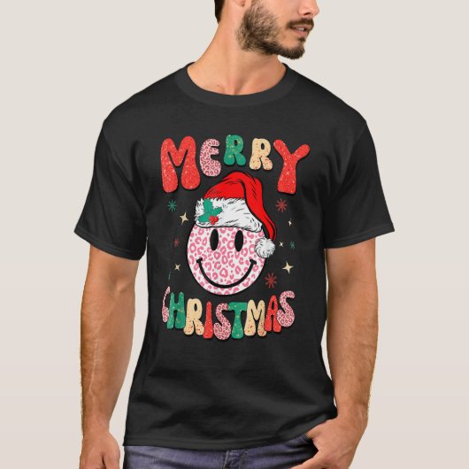 Retro Santa Hat Leopard Smile Face Merry Christmas Tシャツ (正面)