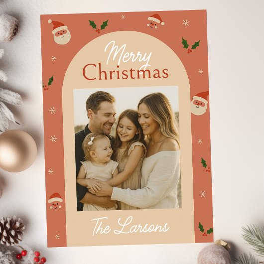Retro Santa & Holly Arch Christmas Card シーズンカード