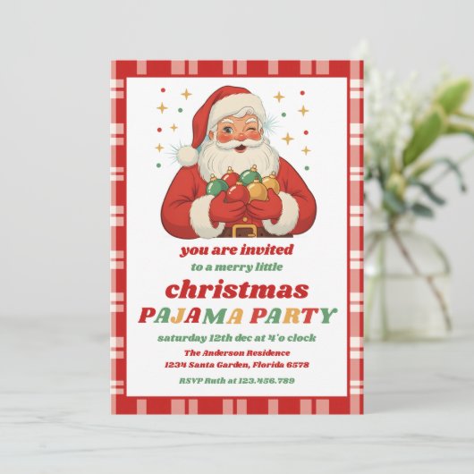 Retro Santa Pajama Christmas Party Editable 招待状 (スタンド正面)