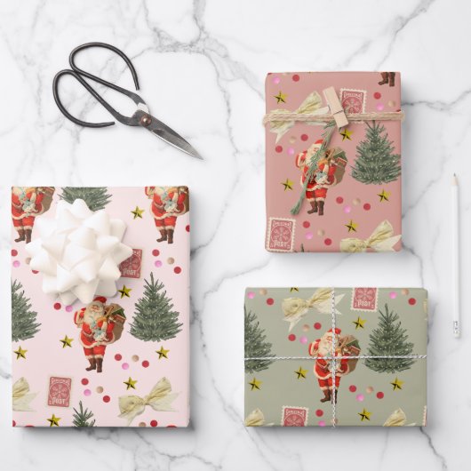 Retro Santa Pink & Sage Christmas Wrapping Sheets ラッピングペーパーシート (正面)