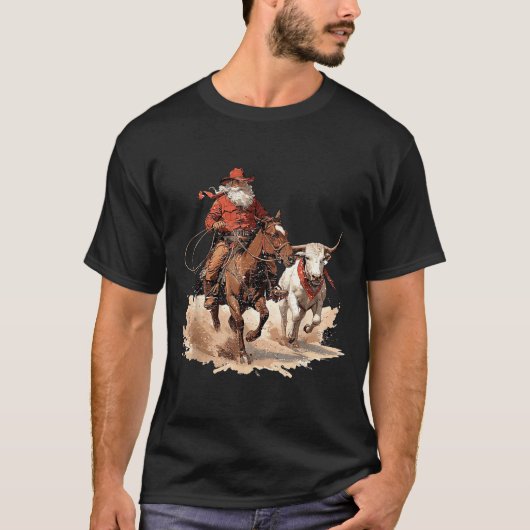 Retro Santa Rodeo Reindeer Cowboy Western Horse Hi Tシャツ (正面)