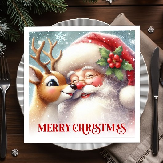 Retro Santa Rudolph Xmas Party Table Napkins スタンダードカクテルナプキン
