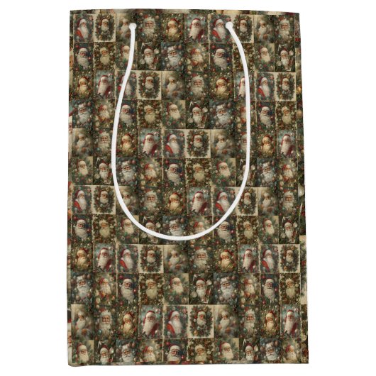 Retro Santa & Victorian Christmas Collage ミディアムペーパーバッグ (正面)